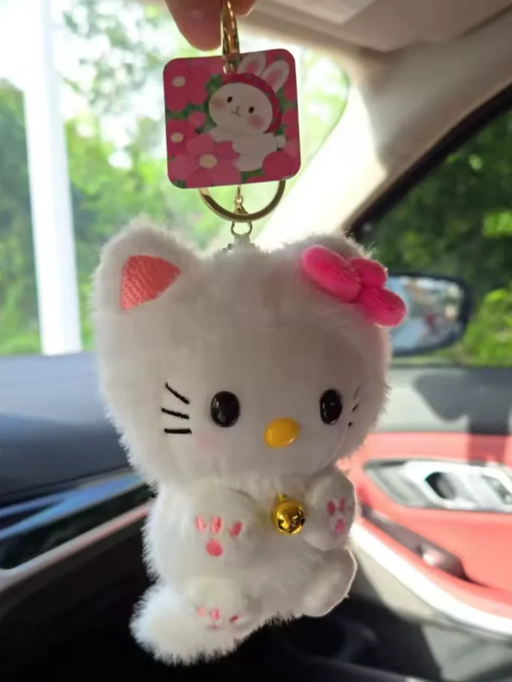 White Plush Cat Keychain with Pink Bow and Gold Bell - Kids Accessories